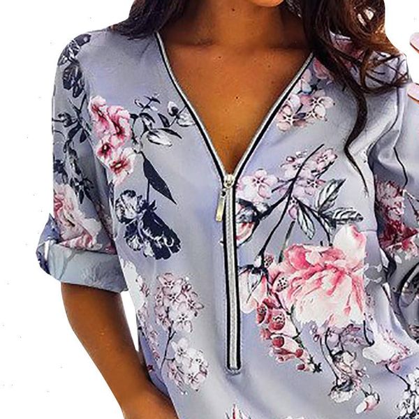 

womens fashion short sleeve v neck floral print zip v neck womens solid blusas mujer de moda 2021, White
