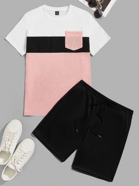 

men colorblock tee & drawstring waist shorts set q583#, Gray