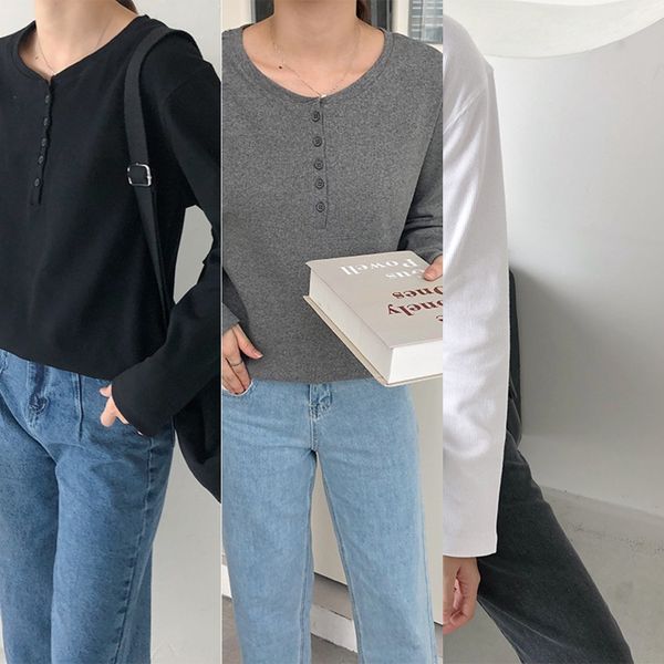 

2020 t-shirtbutton футболка осень кнопка корейский простой сплошной цвет вокруг шеи воротник рубашки дна женщин длинный рукав основной футбо, White