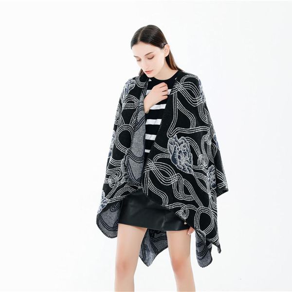 

2020 new autumn and winter warm imitation cashmere curve flower cape, Blue;gray