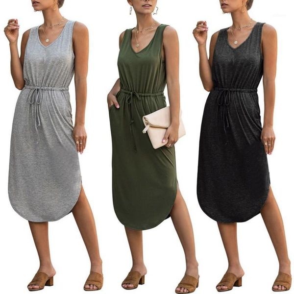 

women fashion casual dress solid sashes spaghetti strap sleeveless sundress summer beach v neck dress vestidos1, Black;gray