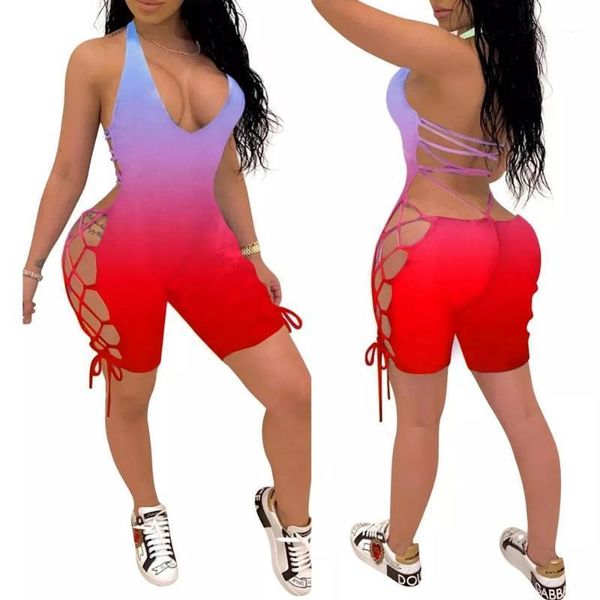 

women deep v-neck jumpsuit sleeveless halter backless hollow out playsuit rompers sports floral print lace-up jumpsuit1, Black;white