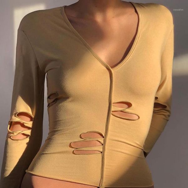 

angels secret 2020 autumn and winter new women's v-neck long-sleeved personality hollow street style slim t-shirt female ag414271, White