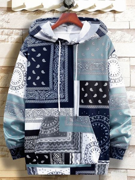 

men paisley print kangaroo pocket drawstring hoodie v8y0#, Black