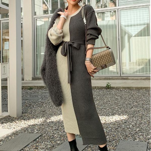 

winter long maxi knit dresses one piece long sleeve warm casual patchwork party office dresses for women clothing1, Black;gray