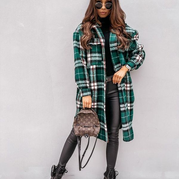 

casual plaid long shirt coats and jackets women autumn winter female elegant single breasted woolen coat woman parkas streetwear1, Black
