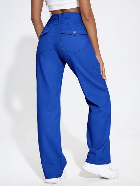 

solid slant pocket straight leg jeans o5ac#, Blue