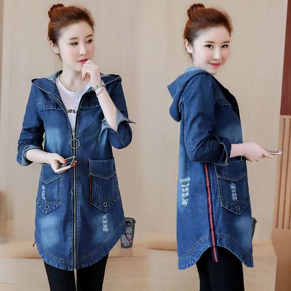 

2020 spring autumn new korean denim jacket medium length hooded and large size windbreaker women's wear, Black;brown