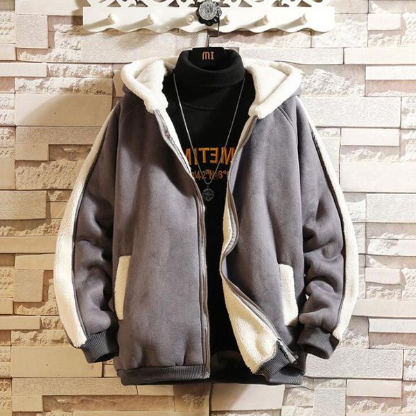 

2021 winter men's thickened lamb wool cotton padded jacket for men's fashionable loose hooded color matching cotton jacket, Black