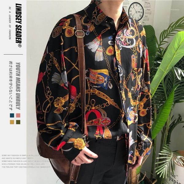 

lindsey seader chains and belts print long sleeve mens shirts fashion casual dress shirt hip hop hipster buttons streetwear 1, White;black