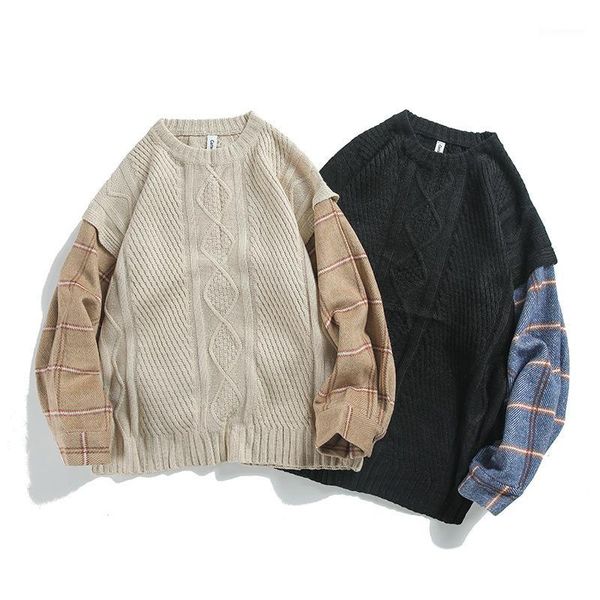 

male lovers suit plaid stitching autumn and winter long-sleeved loose pullover lazy wind men hoodies1, Black