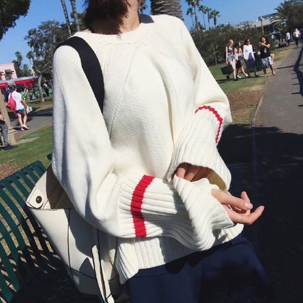 

south korea's new autumn winter 2020 sweater women's loose large size shows pullover pulloverknitted sweater pullover thin irregul, White;black