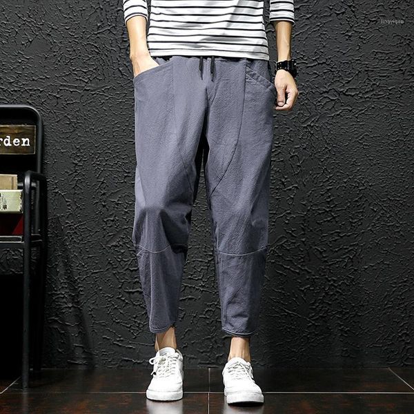 

men's harem pants solid fitness casual ankle-length mens trousers summer streetwear cotton linen mens harem pants summer male c1, Black