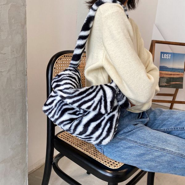 

winter fashion women hobos handbag zebra print soft plush ladies shoulder messenger bags large capacity female purse casual tote 77620