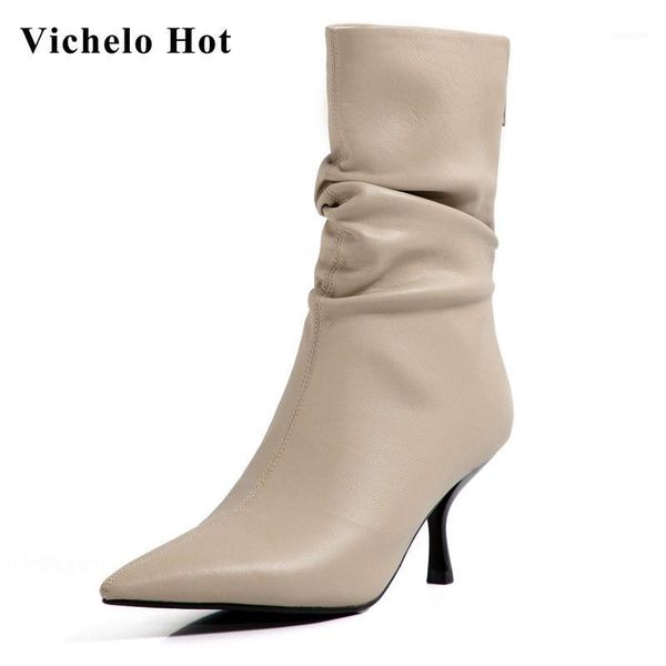 

boots vichelo pointed toe thin high heel winter shoes european style pleated special design mature lady elegant mid-calf l601, Black