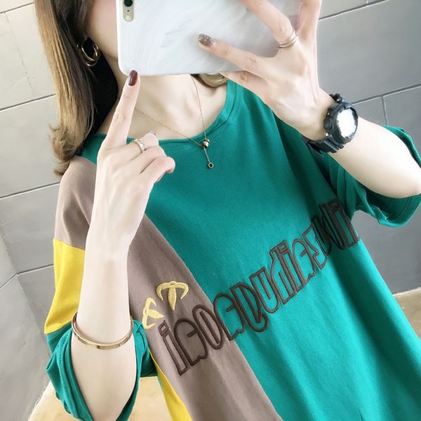 

isfpk 2020 stitching new large summer short embroideryembroidery embroidery sleeve t-shirt women's hole fashion fashion loose korean, White