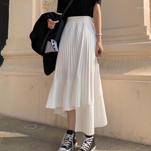 

fashion solid color elastic high waist stitching ruffled irregular pleats woman skirt simple fashion tide autumn new tv5191, Black