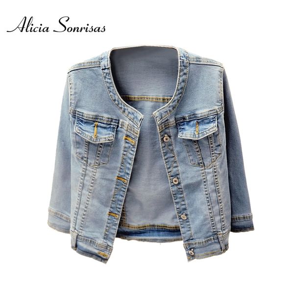 Neue Denimjacke Frühling Herbst kurz O neck casual drei viertelhülse hellblaue jeans für frauen plus größe xs bis 5xl 201106