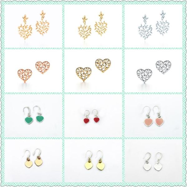 

stud original 100% s925 sterling silver oliveÂ leaf love heart trendy earrings women logo fine high-end jewelry, Golden;silver