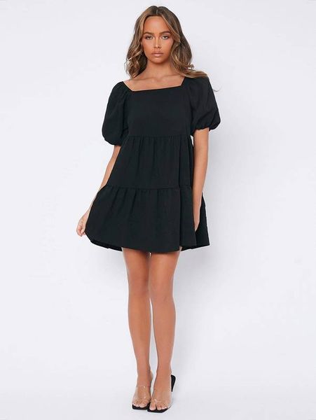 

petite puff sleeve smock dress she, Black;gray