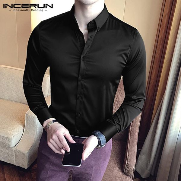 

incerun fashion men dress shirt brand silk satin lapel long sleeve formal solid color business shirts social 2020 camisas hombre, White;black