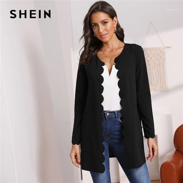 

shein round neck solid open front scallop trim elegant coat women 2019 autumn long sleeve office ladies basic pocket outwear1, Black;brown