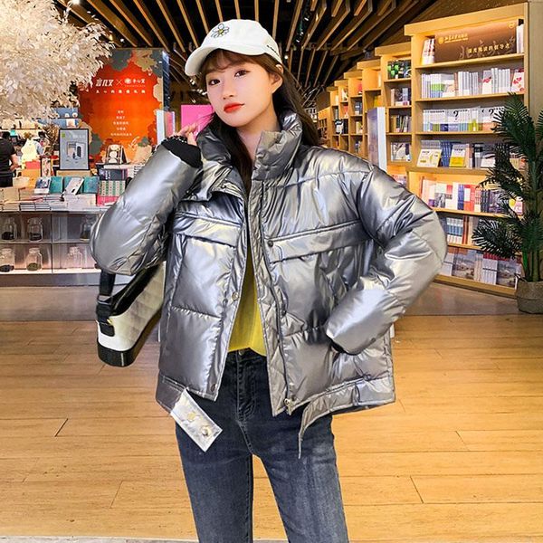 

glossy short cotton coat women 2020 new winter korean large size loose bf student stand collar padded jacket female parka dh154, Black