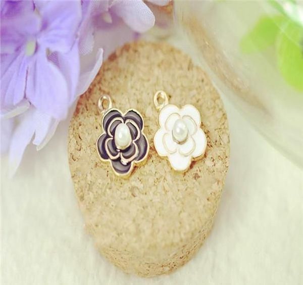 

black enamel camellia pendant charms prong white pearl fit for diy hair accessories bracelet necklace jewelry sqcmcs whole2019, Bronze;silver