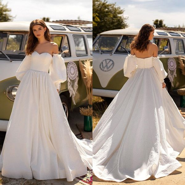 

2021 a-line wedding dresses sweetheart lace appliques beach bridal gowns custom made long sleeves sweep train wedding dress, White