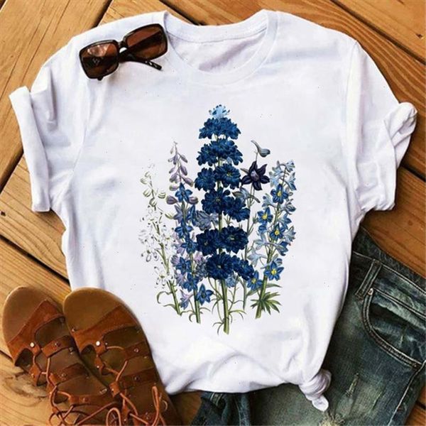 

harajuku goth woman tshirts blue flower print vintage aesthetic t shirt white female t shirt kawaii clothes