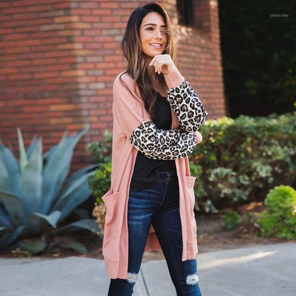 

leopard sleeve cardigan women autumn pocket long women trench casual loose female open stitch 2020 korean style female cardigans1, Tan;black