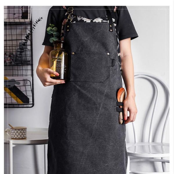 

new stylish canvas apron chef kitchen cooking bib coffee shop waiter pinafore with pocket sleeveless apron denim cleaning dress1