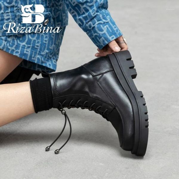 

rizabina real leather woman short boots fashion platform thick heel warm winter shoes woman casual daily footwear size 34-401, Black