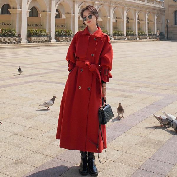 

women's wool & blends cloth coat female autumn/winter 2021 han edition loose medium long over-the-knee high-end hepburn wind thickness, Black