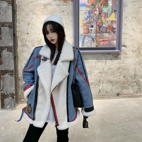 

2021 new korean loose winter coat cowgirl's style sewing lamb's hair quilted wool jacket tall fashion streetwear jeans 593d, White;black
