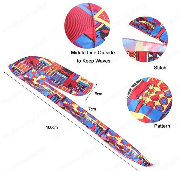 

new men african pattern print silky durag and bonnet 2pcs set women ankara bonnet cap men long tail durags bbyail nana_shop, Blue;gray