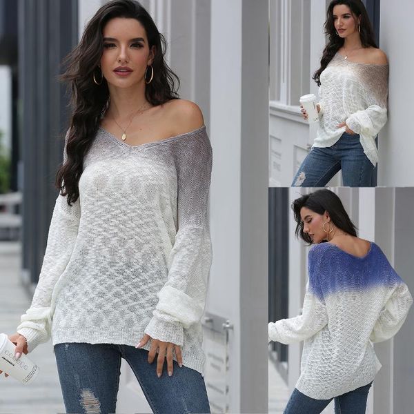 

осень градиент цвет свитер женщины сыпучая прямой полный рукав пуловер длинные топы нерегулярной шея hollow knit верхней одежда свитер, White;black
