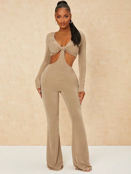 

sxy plunging neck cut out waist flare leg jumpsuit i3ip#, White