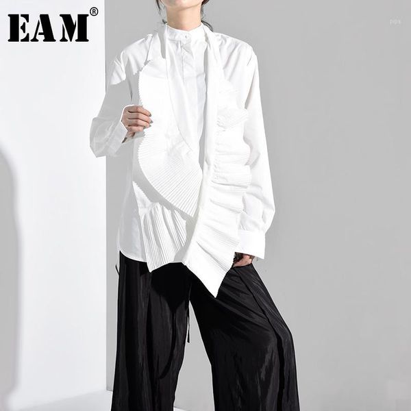 

eam] 2020 new spring autumn stand collar long sleeve white loose pleated split temperament shirt women blouse fashion yg63801