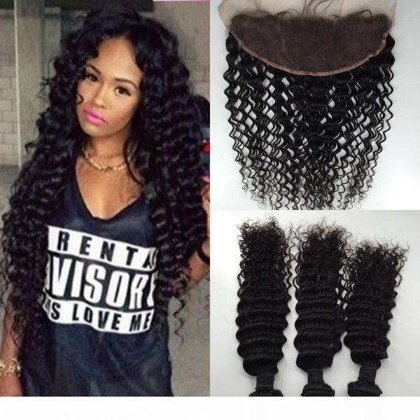 

100% human hair with lace frontal closure 13x4 indian deep curly full lace frontal closure bleached knot with virgin hair bundles, Black