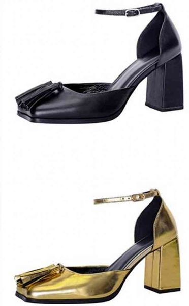 

leather high genuine chunky heel mary jane pumps buckle strap square toe vintage tassel fringe dress shoes, Black