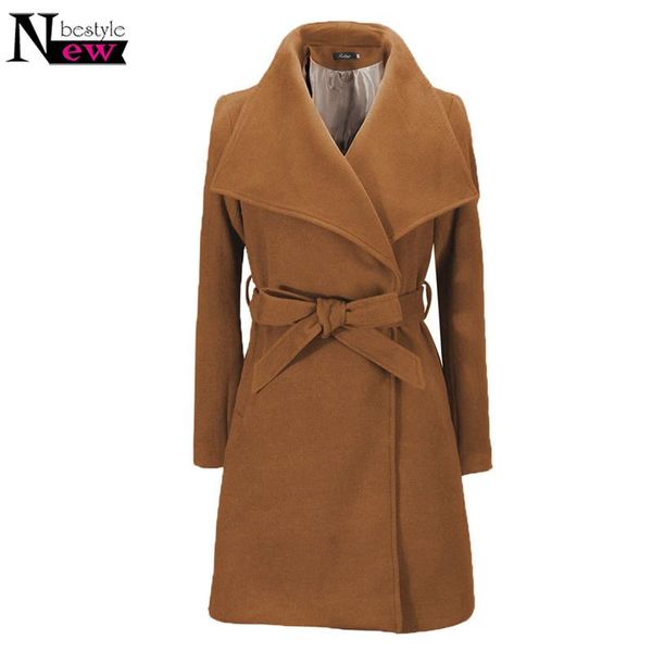 

2020 winter coat women wide lapel belt pocket wool blend long trench coat woolen overcoat outwear women abrigo mujer casaco, Black