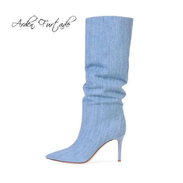 

boots arden furtado fashion women's shoes pointed toe stilettos heels elegant ladies jeans denim slip on pleated 45, Black