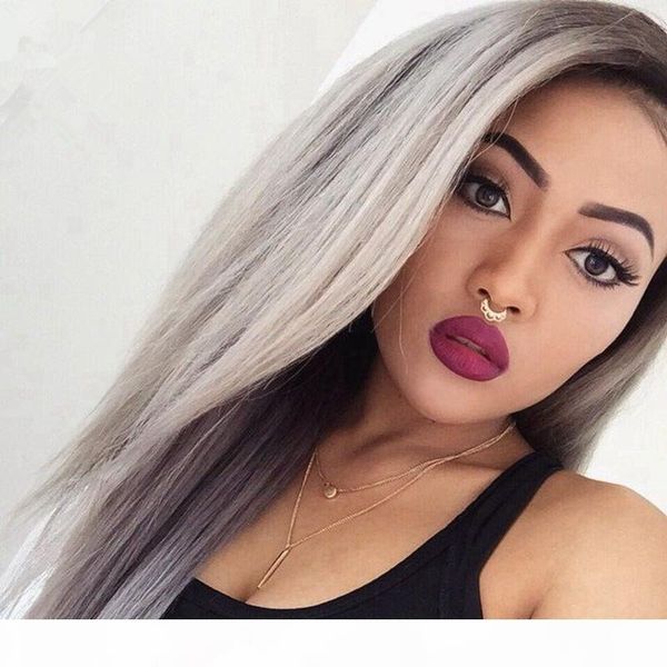 

beauty 1b grey ombre hair wig virgin hair full lace wig silver grey 2 tone lace front wig for black woman, Black;brown