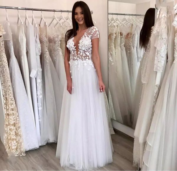 

chic tulle a line wedding dress cap short sleeve floor length wedding gowns v-neck 3d flowers appliques wedding dresses, White