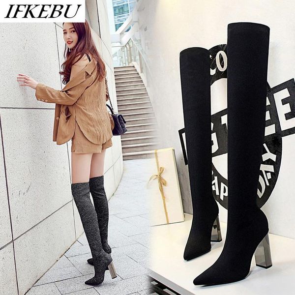 

winter thigh high boots women knitting over the knee boots fashion square high heel socks boot pointed toe zapatos de mujer, Black