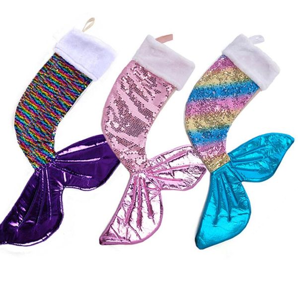 

reversible sequins mermaid stocking 2020 2021 christmas ornament shiny scales sequined socks tree hanging gift purse bag pack f102402