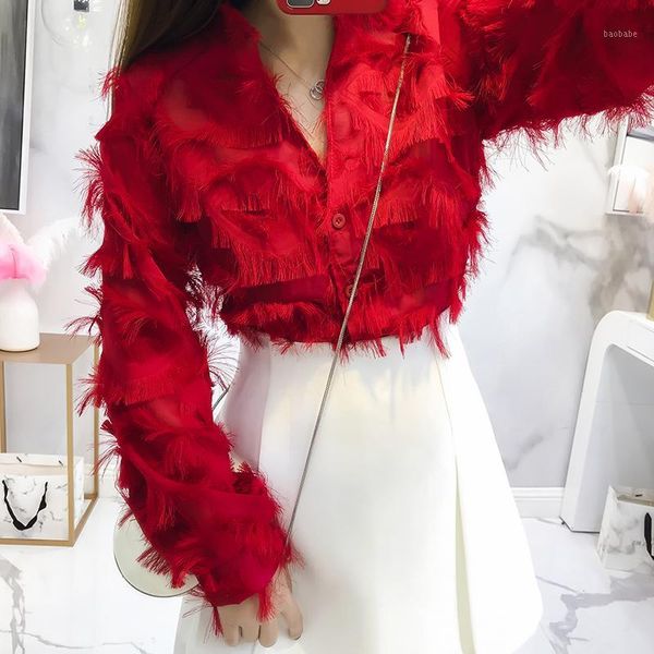

spring autumn feather tassle blouse women chiffon shirt red long sleeve v-neck princess white 3010ly1