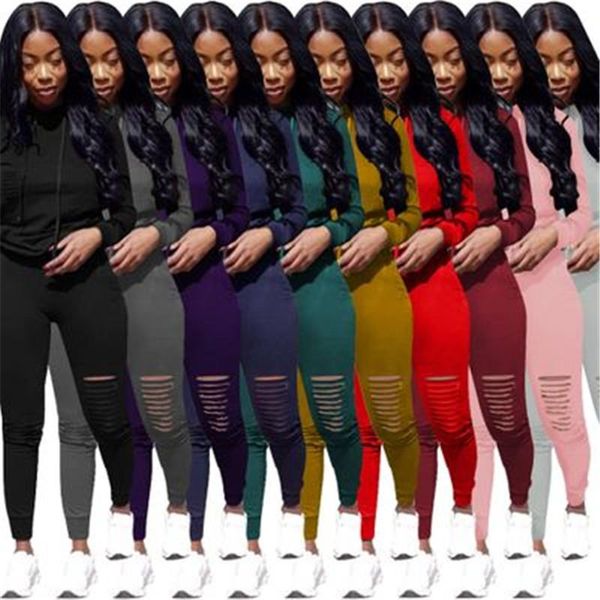 

women hole folds sets fashion trend pure color burnt long sleeve hooded trousers suits designer female autumn loose casual tracksuits, Gray