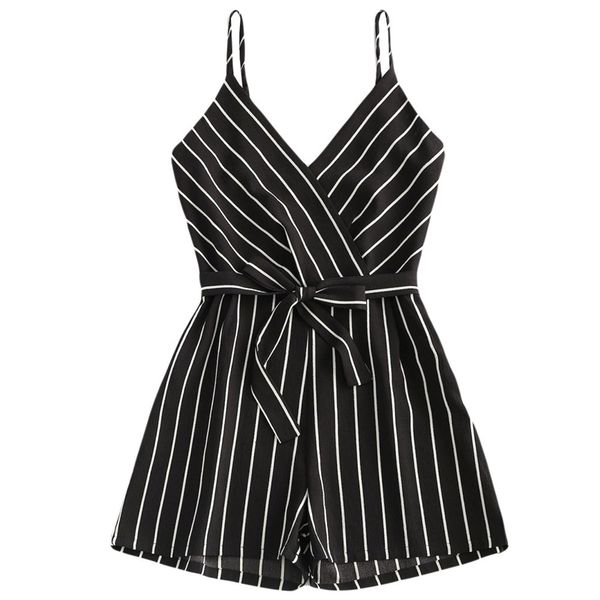 

playsuits women summer v-neck sleeveless strappy short playsuits striped cami belt casual romper ladies jumpsuits 19may30 y200422, Black;white